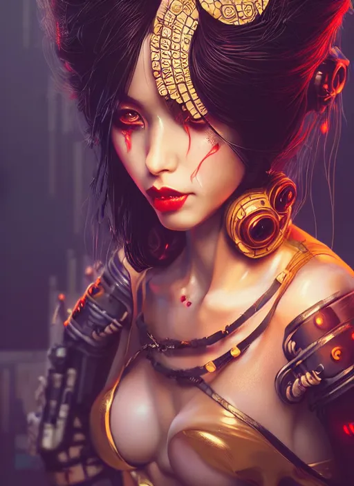 Prompt: soft lustrous seductive ebony geisha raver gutter punk steampunk cyborg, golden ratio, details, scifi, fantasy, cyberpunk city, intricate, decadent, highly detailed, octane render, digital painting, artstation, concept art, sharp focus, illustration, art by artgerm, loish, wlop