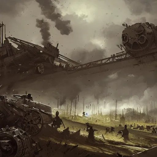 Image similar to jakob rozalski artstyle, steam punk war scene