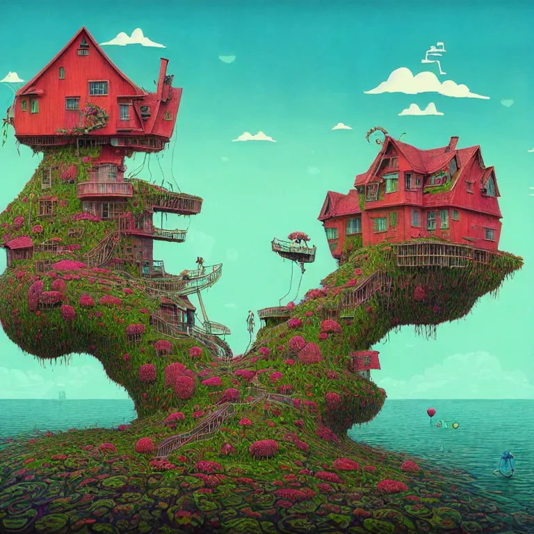 Prompt: house on island, sea cloud, surreal art by gediminas pranckevicius, geof darrow, keith harring, dark shadows, hard lighting, floralpunk, inking, etching, screen print, masterpiece, trending on artstation, sharp, colorful high contrast hd, 8 k hyper detailed