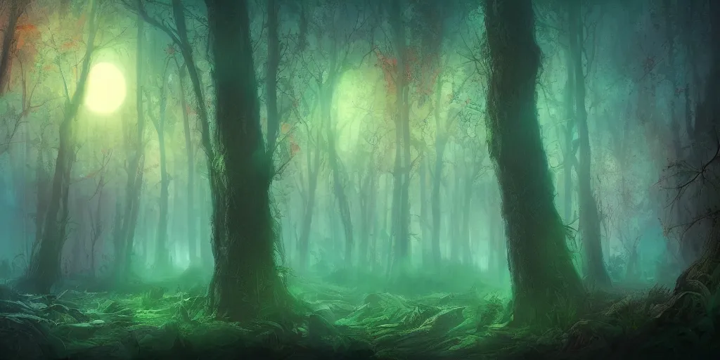 Prompt: beautiful matte painting of a colorful fantasy dark forest at night