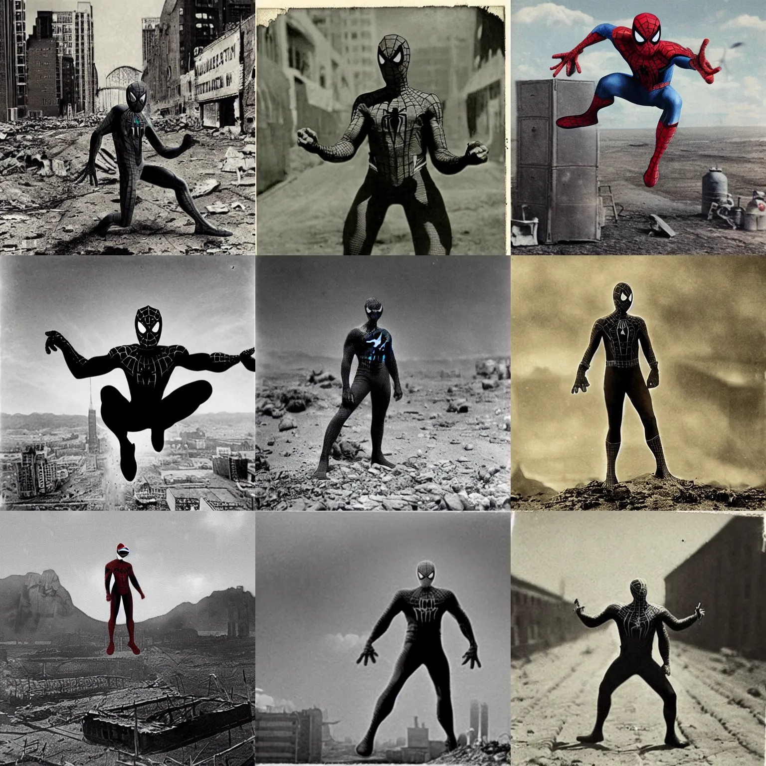 Prompt: spiderman in a nuclear wasteland, vintage photo, 1 8 0 0 s