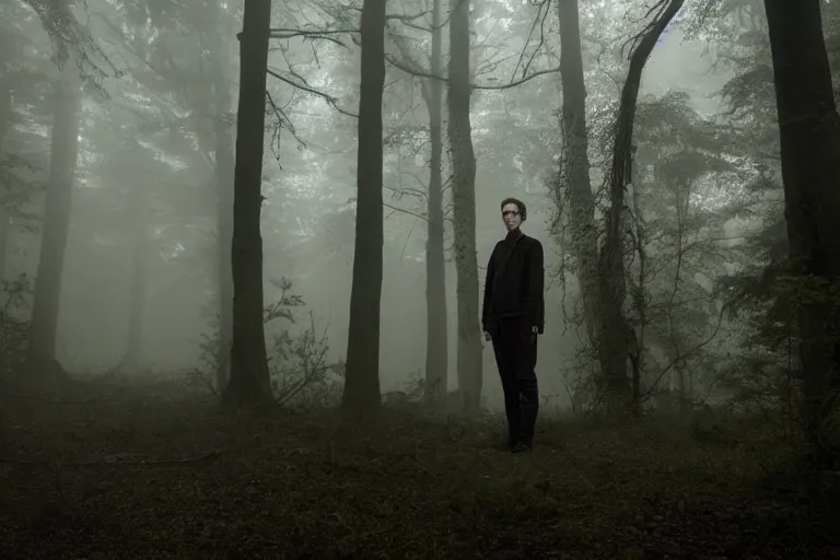 Prompt: a photorealistic cinematic headshot portrait of a skinny evil male scientist, stood in a spooky forest, fog, shrubbery, 8 k, detailed, backlight, deep focus, movie still, moody lighting, by werner herzog