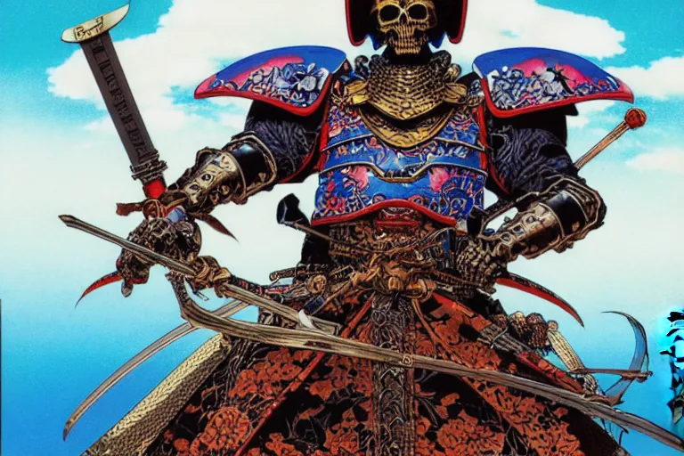 Image similar to portrait of a crazy skeletor samurai with japanese armor and helmet, by yoichi hatakenaka, masamune shirow, josan gonzales and dan mumford, ayami kojima, takato yamamoto, barclay shaw, karol bak, yukito kishiro