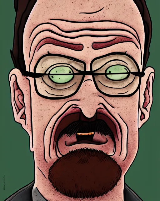 Prompt: portrait of walter white in the style of justin roiland. ugly, creepy, demonic, horror. cinematic lighting. style of rick & morty. photographic, photography. by justin roiland