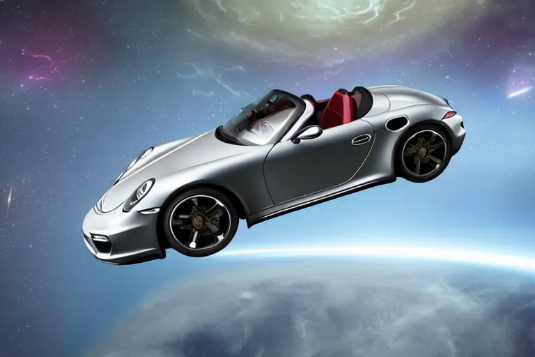 Image similar to porsche speedster as a spaceship traveling through a wormhole into another dimension. photorealistic 35mm 4k nasa