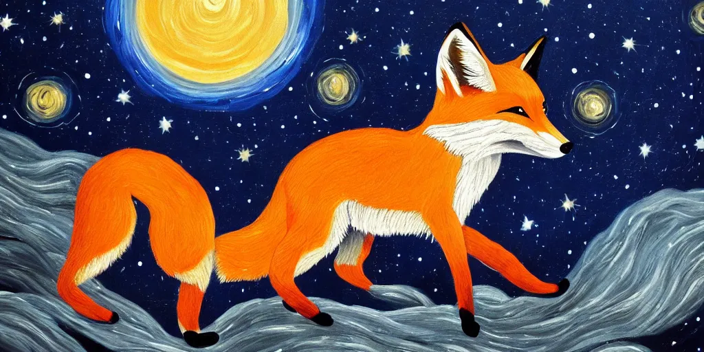 Image similar to a painting of a fox looking up at the stars in the style of Starry Night, highly detailed, trending on artstation