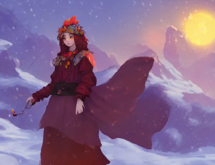 Prompt: crow alchemist girl in the flowering snowy mountains. complementary colors, indie concept art, luminescent, 4 k, chiaroscuro, rimlight.