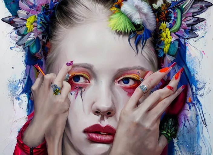 Image similar to a painting by martine johanna of a fairy with big wings wearing a hoodie standing in a township street in the style of jenny saville, street fashion outfit, haute couture fashion shoot, full figure painting by david choe and jeremy mann, decorative flowers, 2 4 mm, die antwoord yolandi visser