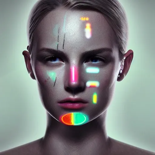 Prompt: face with light-emitting OLED tatoos showing health information and vital sign visualizations, heart rate, ultra HD realistic wide focus 8k ultra soft light RTX on VFX octane render pixiv pinterest colorful more reflection