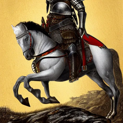 Prompt: aleksandar vucic wearing shining plate armor and riding a horse on a path through a dark forest, highly detailed, digital painting, sharp focus