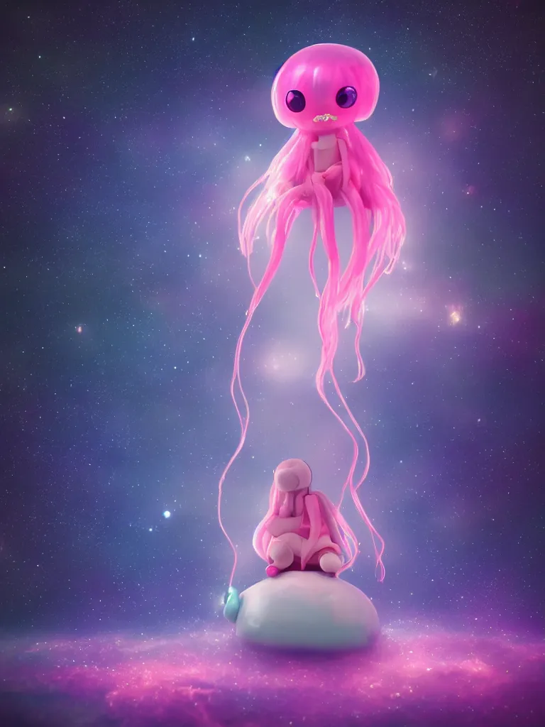 Image similar to cute fumo plush alien jellyfish girl sitting on a small island floating in the dark galactic abyss, vignette, bokeh, vray