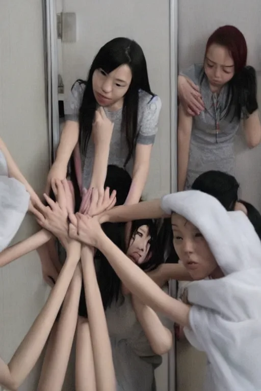 Image similar to many hands and arms coming from behind bathroom door, korean horror film