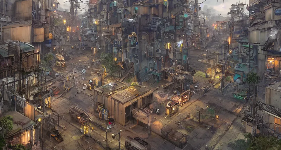 Image similar to a industrial STEAMPUNK CITY Street scenery in the FAVELAS, signs, billboards and cable Connecting MULTI LVL BUILDINGS, rendered by simon stålenhag, rendered by Beeple, Makoto Shinkai, syd meade, environment concept, digital art, starwars, Gundam Style, unreal engine, 3 point perspective, WLOP, trending on artstation, low level, 4K UHD image, octane render,