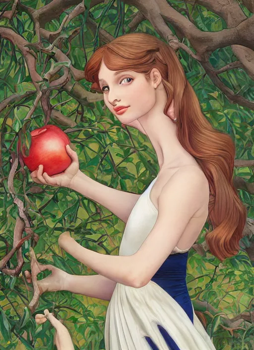 Image similar to well - lit art nouveau portrait of a 1 3 - year old ballet girl wih resembles natalie portman and emily browning acting shy under an apple tree, natural lighting, path traced, highly detailed, high quality, cartoon, digital painting, by don bluth and ross tran and studio ghibli