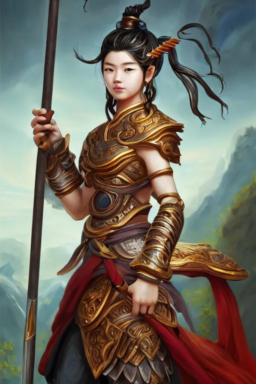 Image similar to a masterpiece portrait of nezha, handsome kid wear holding spear, fantasy character portrait, hyper detailed, digital painting, 8 k realistic, trending on artstation, sharp focus, dof, by ne zha ( 2 0 1 9 ), fenghua zhong, artgerm, ne zha from smite, tsuyoshi nagano, top lighting