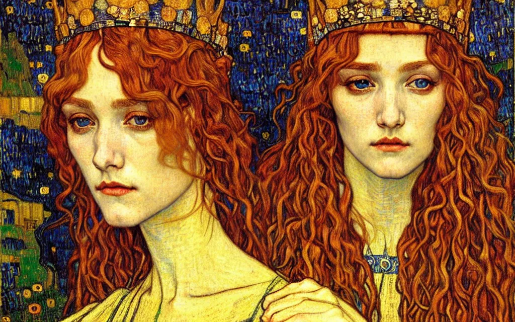 Image similar to detailed realistic beautiful young medieval queen face portrait by jean delville, gustav klimt and vincent van gogh, art nouveau, symbolist, visionary, gothic, pre - raphaelite, muted earthy colors, desaturated