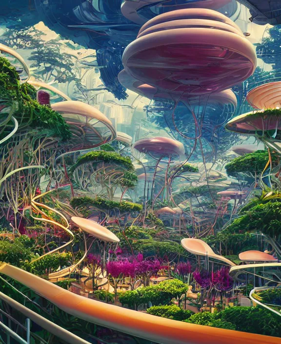 Image similar to simplicity, an amusement park made out of sleek asymmetrical organic creatures, in the style of an aerodynamic spaceship, overgrown with orchids, partly cloudy, sun - drenched, dramatic lighting, by dan mumford, yusuke murata, makoto shinkai, ross tran, cinematic, unreal engine, cel shaded, featured on artstation, pixiv