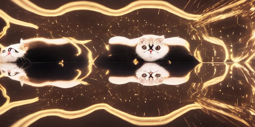 Prompt: the reflection of an exotic shorthair cat in an infinity mirror, large room, in the style of David Lynch, 8k, photorealistic, high detail