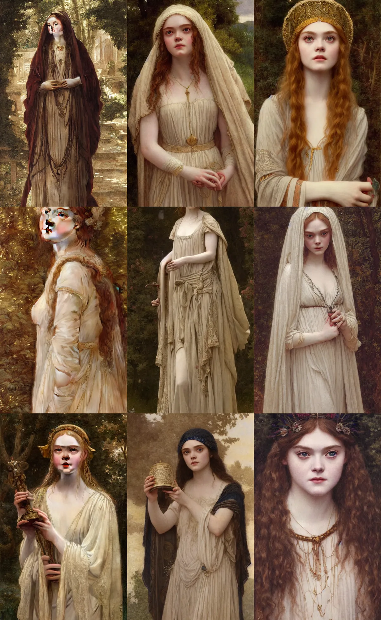 Prompt: elle fanning as a pre - raphaelite priestess traditional corsican, intricate, highly detailed, artstation, illustration, jurgens, rutkowski, bouguereau