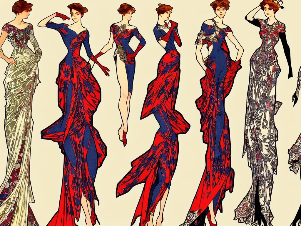 Image similar to 4 elegant full length spider man dress designs with natural history prints designed by alphonso mucha