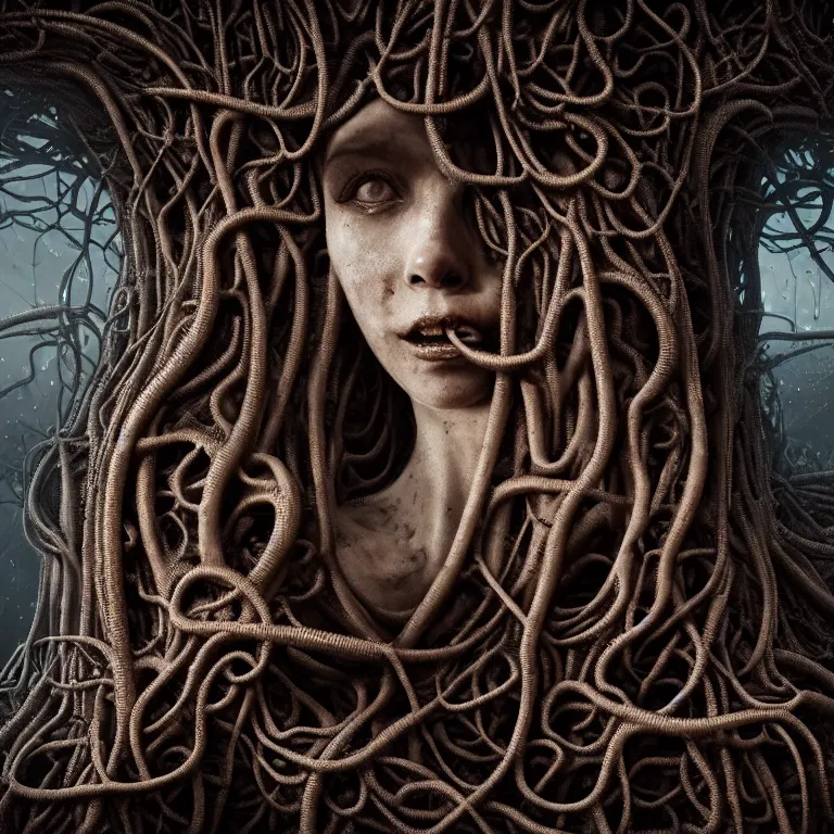 Image similar to ribbed abandoned closeup face portrait of faceless woman on exoplanet, covered with tentacles, roots, wires, tubes, baroque painting, standing in a desolate empty wasteland, creepy, nightmare, dream-like heavy atmosphere, surreal abandoned buildings, beautiful detailed intricate insanely detailed octane render trending on Artstation, 8K artistic photography, photorealistic, chiaroscuro, Raphael, Caravaggio, Beksinski, Giger