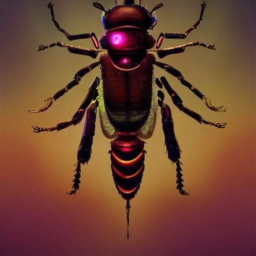 Prompt: a beautiful ultra detailed high resolution portrait of an ornate futuristic business bug bee wearing an elegant business outfit, 8 k, deep color, hyperrealistic, detailed, cryengine, by stalenhag and iris van herpen and beksinski, glowing dark rainbow dots, shoulders up,