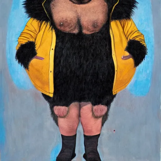 Prompt: portrait of a fat hairy wrestler with a dark furry jacket in the style of frida kahlo and robert rauschenberg