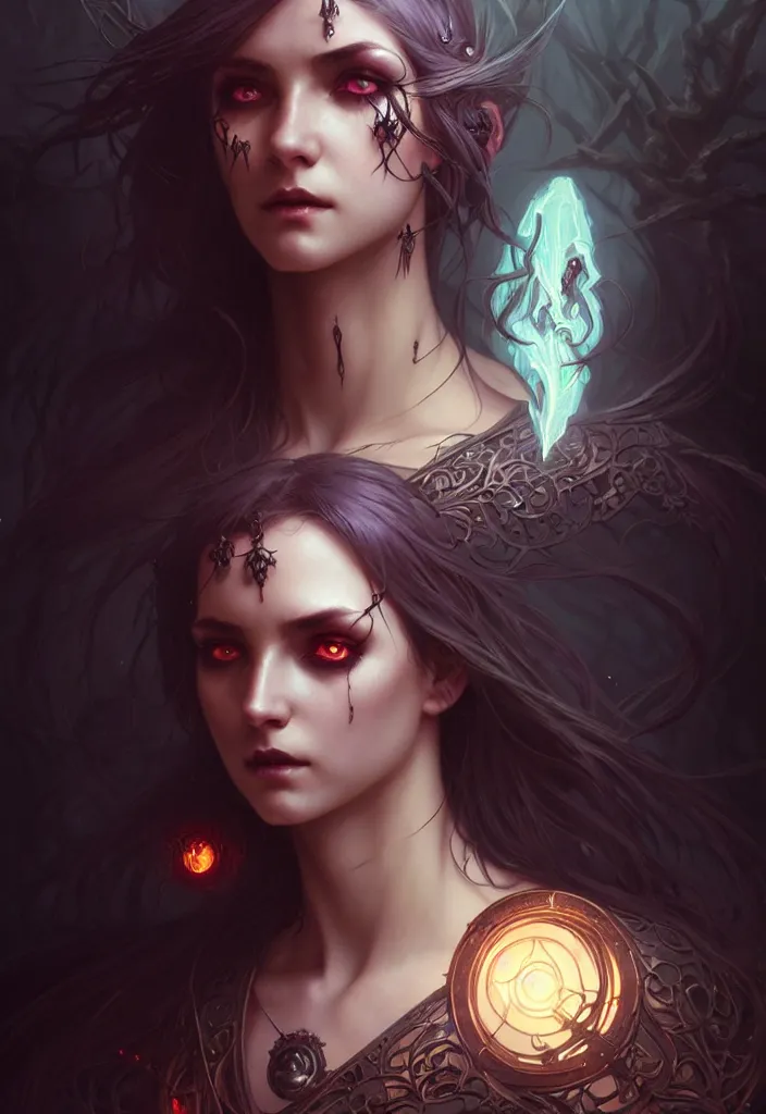 Image similar to Necromancer Sorceress eyes, fantasy magic, undercut hairstyle, dark light night, intricate, elegant, sharp focus, illustration, highly detailed, digital painting, concept art, matte, art by WLOP and Artgerm and Greg Rutkowski and Alphonse Mucha, masterpiece