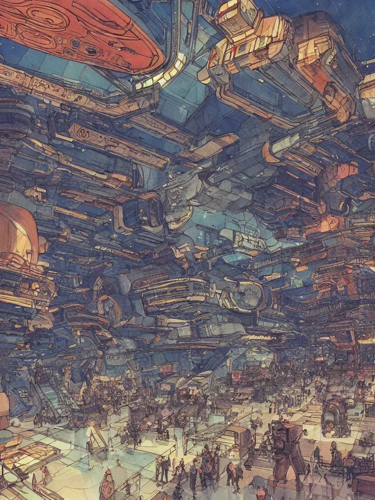 Image similar to interior of a busy spaceport, intricate colorful watercolor and ink artwork by moebius. trending on artstation, very coherent symmetrical artwork. cinematic, hyper realism, high detail