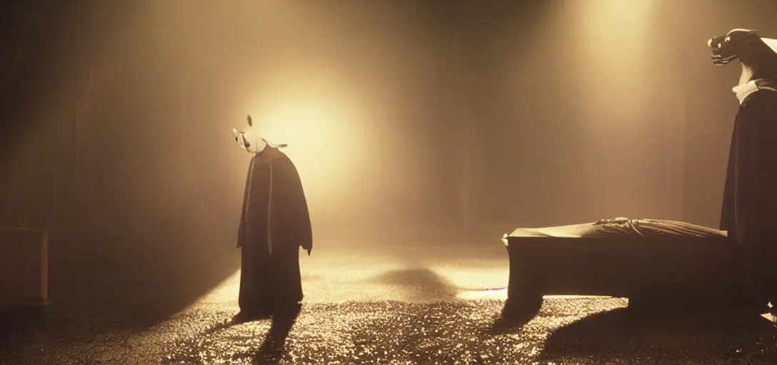 Image similar to prince of darkness as mickey mouse waking from his coffin, foggy, cinematic shot, photo still from movie by denis villeneuve, wayne barlowe