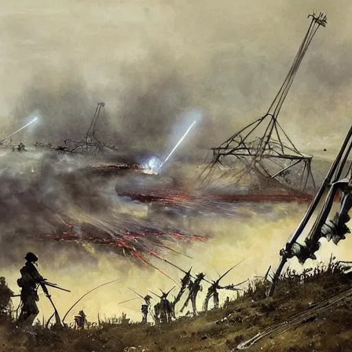 Image similar to war of the worlds, martian tripods attack russian ww i army, intense fighting, dital painting, very detailed, art by jakub rozalski