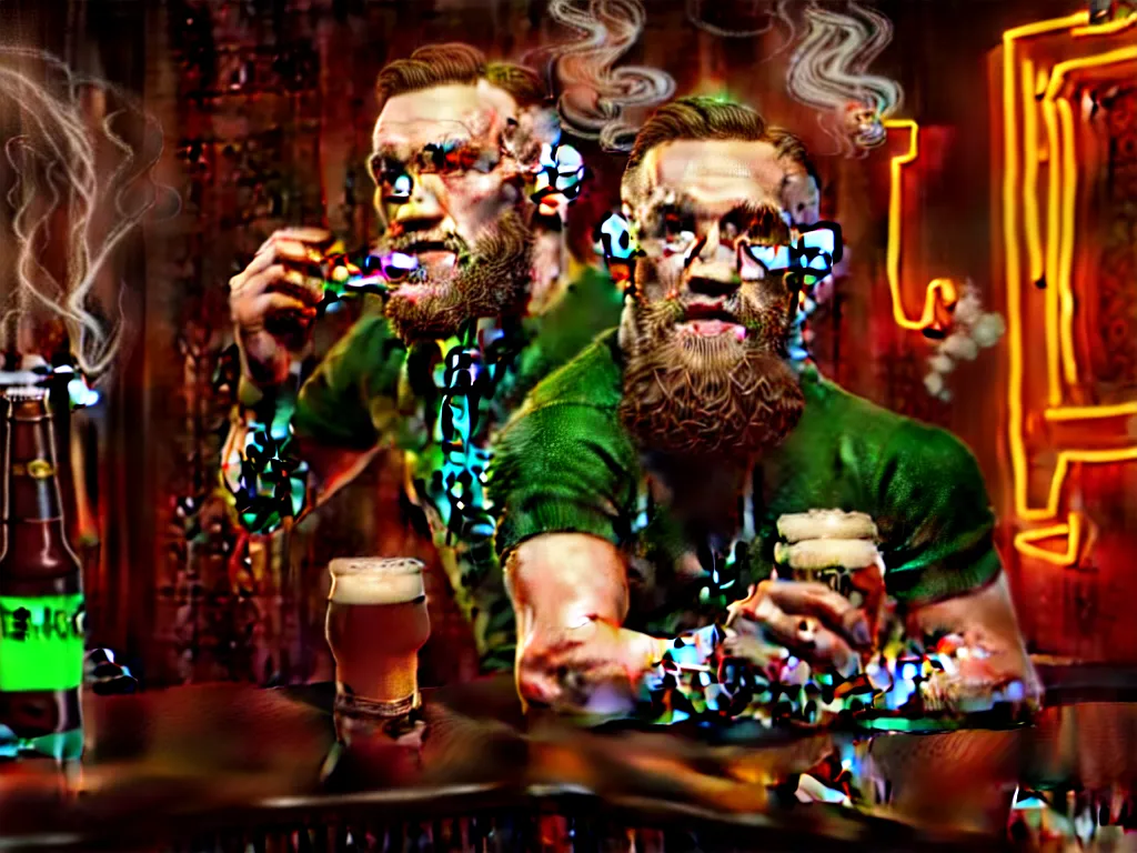 Prompt: a well framed portrait of conor mcgregor drinking a beer and smoking a cigar in an irish pub with a neon bar, trending on art station, in the style of the movie heat, volumetric lighting & shadows, hyper detailed, digital art, unreal engine, 4 0 0 mm f 1. 8,