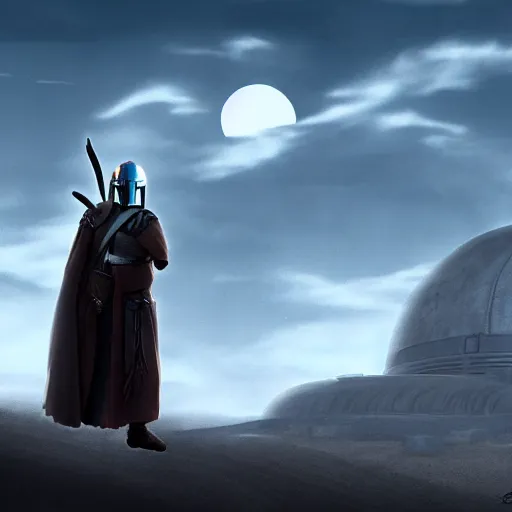 Prompt: gandalf and the mandalorian visiting tatooine, dramatic lighting, highly detailed, digital art,