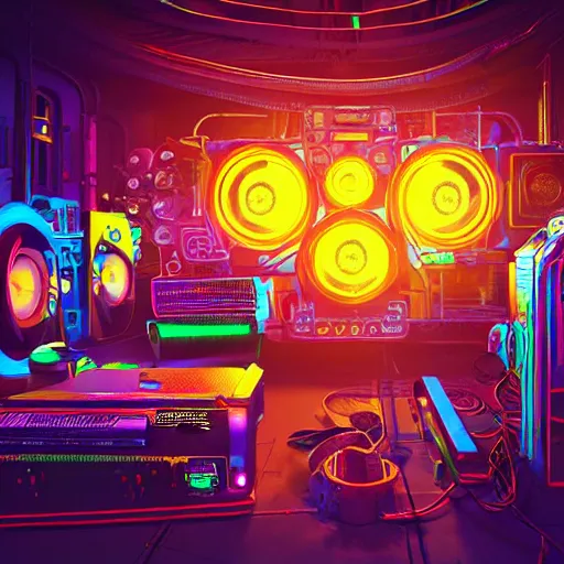 Image similar to cover art, album is called tripmachine, tripmachine, photo of a huge futuristic steampunk machinery made of boomboxes, connected with glowing tubes 8 k, fluorescent colors, halluzinogenic, multicolored, exaggerated detailed, front shot, 3 d render, octane