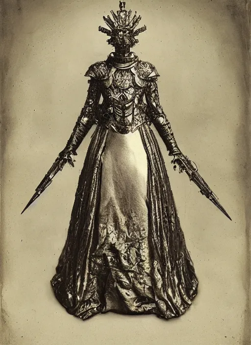 Image similar to old wetplate daguerreotype frame portrait of a futuristic silver armored queen elisabeth emperor district 9 cyborg, fractal, intricate, elegant, highly detailed, subsurface scattering, by jheronimus bosch and greg rutkowski and louis jacques mande daguerre