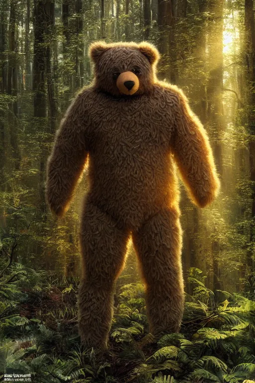 Image similar to helmetless Crysis Nanosuit worn by a fluffy teddybear, a forest with rays of light coming through the canopy, masterpiece, dystopian, sci-fi, extremely detailed, digital painting, sculpted in zbrush, artstation, concept art, smooth, sharp focus, illustration, chiaroscuro lighting, golden ratio, incredible art, artgerm, greg rutkowski, alphonse mucha, simon stalenhag, carravaggio