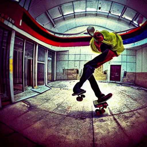 Image similar to “ a highly detailed photo of a clown skateboarding in an abandoned mall, fisheye lens, sharp focus, award winning, 8 k ”