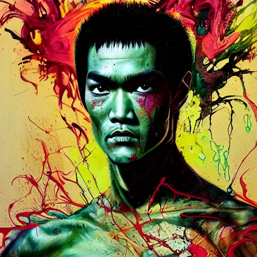 Image similar to a demon slayer portrait of bruce lee, tall, pale - skinned, and slender with lime green eyes and long eyelashes by stanley artgerm, tom bagshaw, arthur adams, carne griffiths, trending on deviant art, street art, face enhance, chillwave, maximalist, full of color, glittering