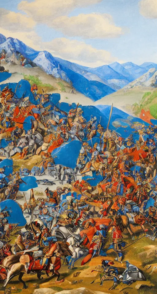 Image similar to colorful simple wideshot of a small medieval battle in front of a beautiful large blue mountainscape, painting