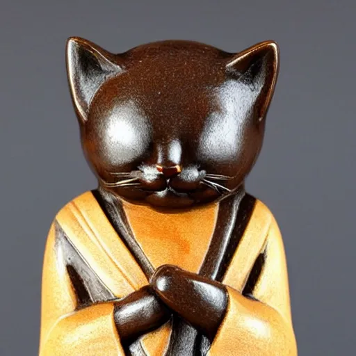 Prompt: elegant seductive anthropomorphic cat figurine wearing a kimono, hand carved brown resin, toggles, very highly detailed, intricate, monotone, shy looking down