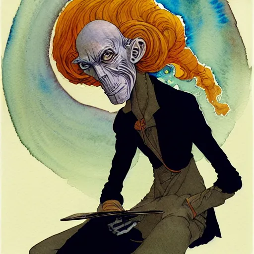 Prompt: a simple and atmospheric watercolour portrait of a pulp sci - fi alien teacher, very muted colors, by rebecca guay, michael kaluta, charles vess and jean moebius giraud