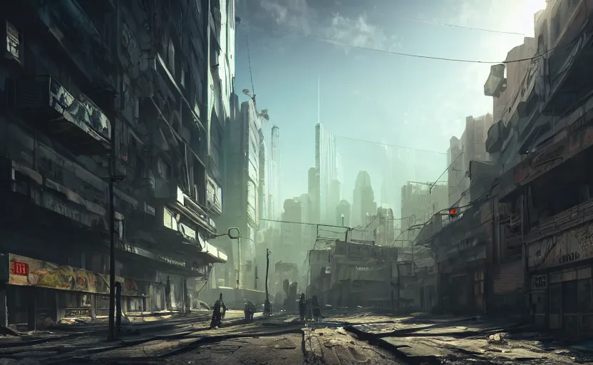 Prompt: photorealistic post - apocalyptic cyberpunk city streets. daylight. sunlight. lens flare. light fixtures. 8 k. detailed. photorealism. artstation. 2 5 mm f 1. 7