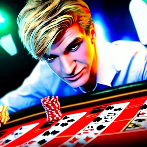 Image similar to film still of xqc gambling in Vegas, 4k, photorealism, artstation style