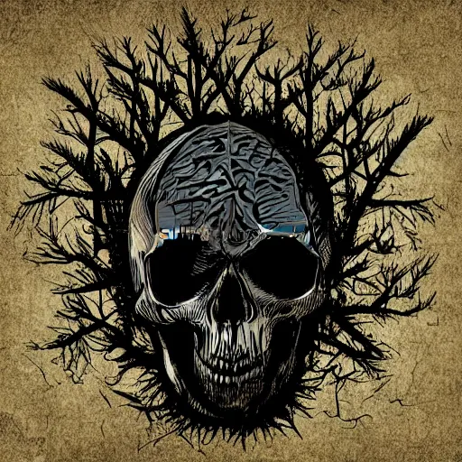 Image similar to dark death metal themed vector illustration for a record label, trees. forest, spikes, skull, microphone, skull, award winning, grunge, iconic, golden ratio