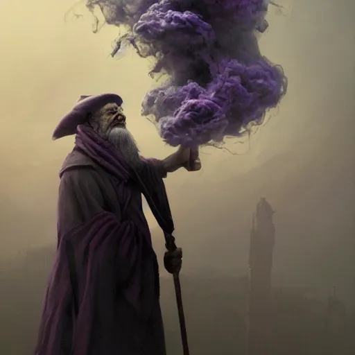 Prompt: a beautiful ultradetailed portrait of a wizard with a body made of smoke! beautiful large purple staff in his hand, with a single large grey smoke cloud by his side, by greg rutkowski, karol bak and peter mohrbacher, volumetric lighting, magical realism, dark, wizard, smoke