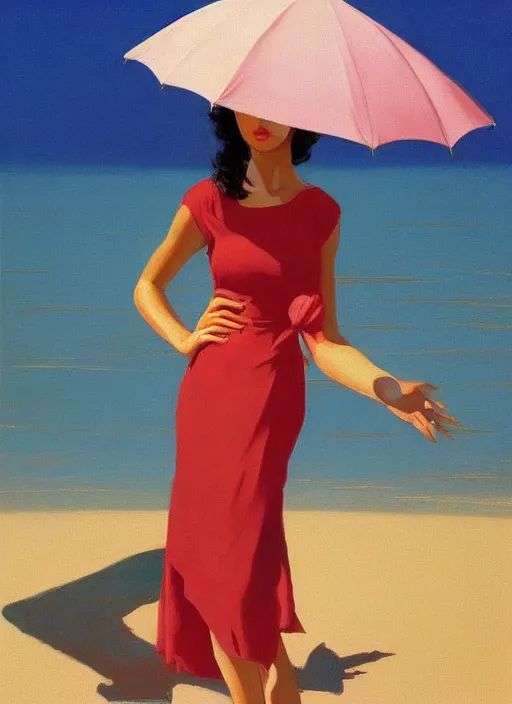 Image similar to a portrait of an beautiful young girl standing on a beach holding an umbrella, highly detailed, dramatic lighting, intense shadows, rich deep colours, by jack vettriano