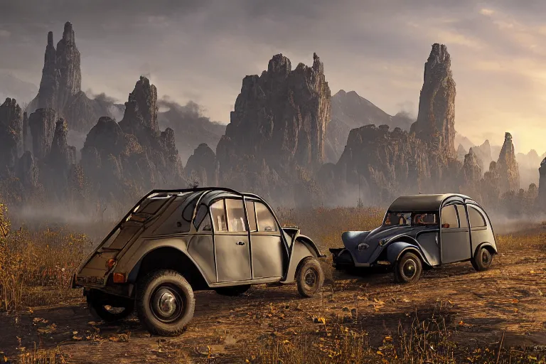 Image similar to offroad citroen 2 cv ( 1 9 6 5 ) of daedric design driving across the rift, daedric axe stored on the side of the car, leather and cloth traveller backpacks on roof, riften city in the background, epic fantasy, autumn, the elder scrolls v : skyrim, dramatic lighting, establishing shot, by simon stalenhag