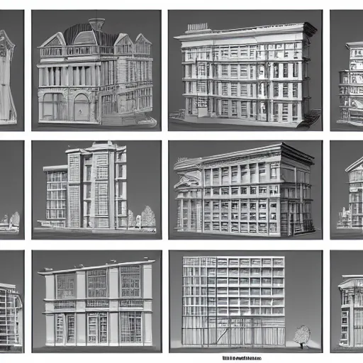 Image similar to a detailed architecture presentation board with sections, elevations and 3d models of a building