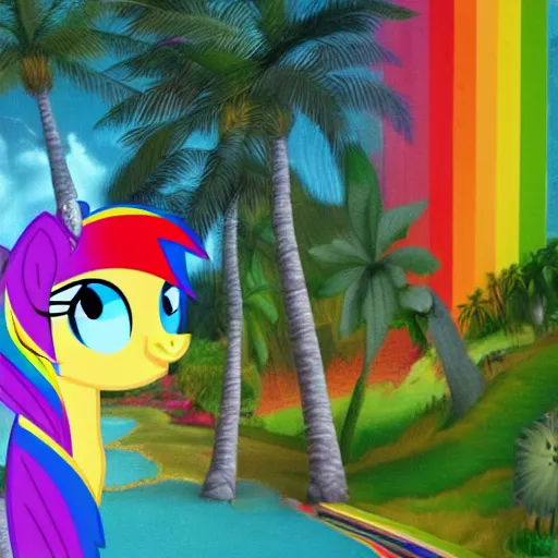 Prompt: my little pony rainbow dash as a high speed train in a lush tropical setting in hawaii hyperrealism