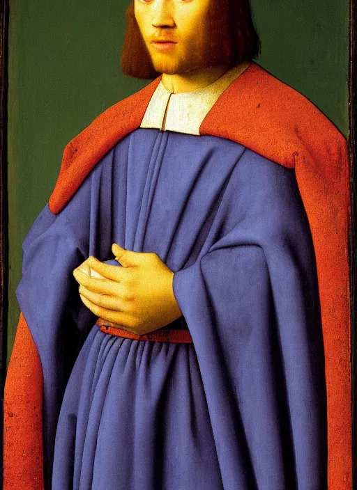 Image similar to portrait of a young king, medieval painting by Jan van Eyck, Johannes Vermeer, Florence